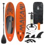 Aufblasbares, oranges Stand Up Paddle Board (SUP) Makani mit Zubehör wie Paddel, Pumpe und Tragetasche.