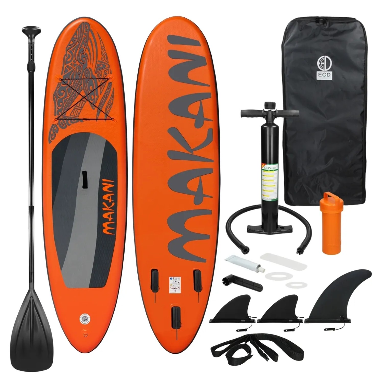 Aufblasbares, oranges Stand Up Paddle Board (SUP) Makani mit Zubehör wie Paddel, Pumpe und Tragetasche.