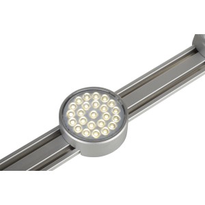 Silberne LED-Sensor-Unterbauleuchte mit runden Leuchtelementen auf einer Schiene.