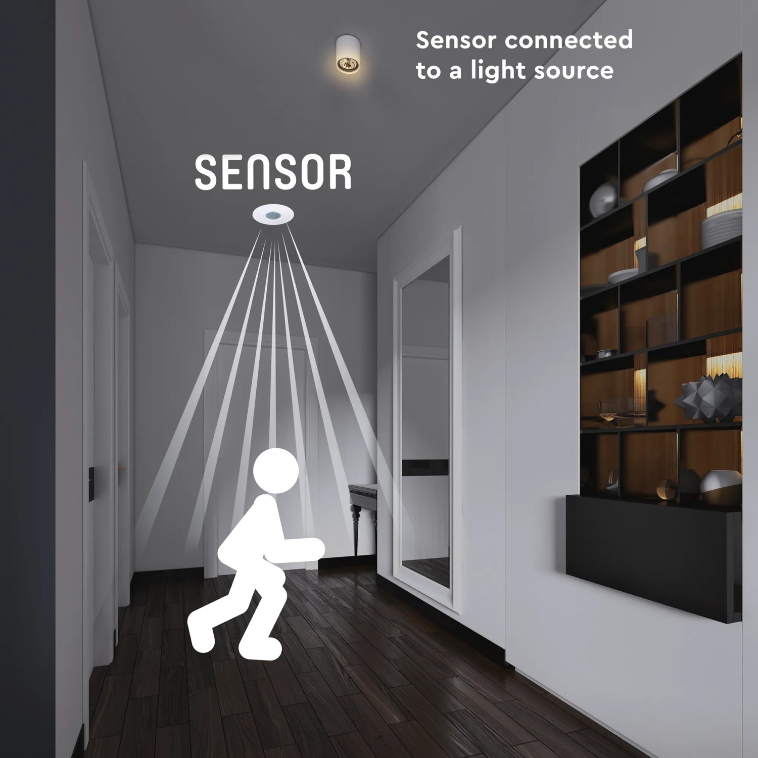 LED Deckensensor PIR für LED & Halogen, 360° Erfassung, IP20, Weiß. Bewegungsmelder im Einsatz.