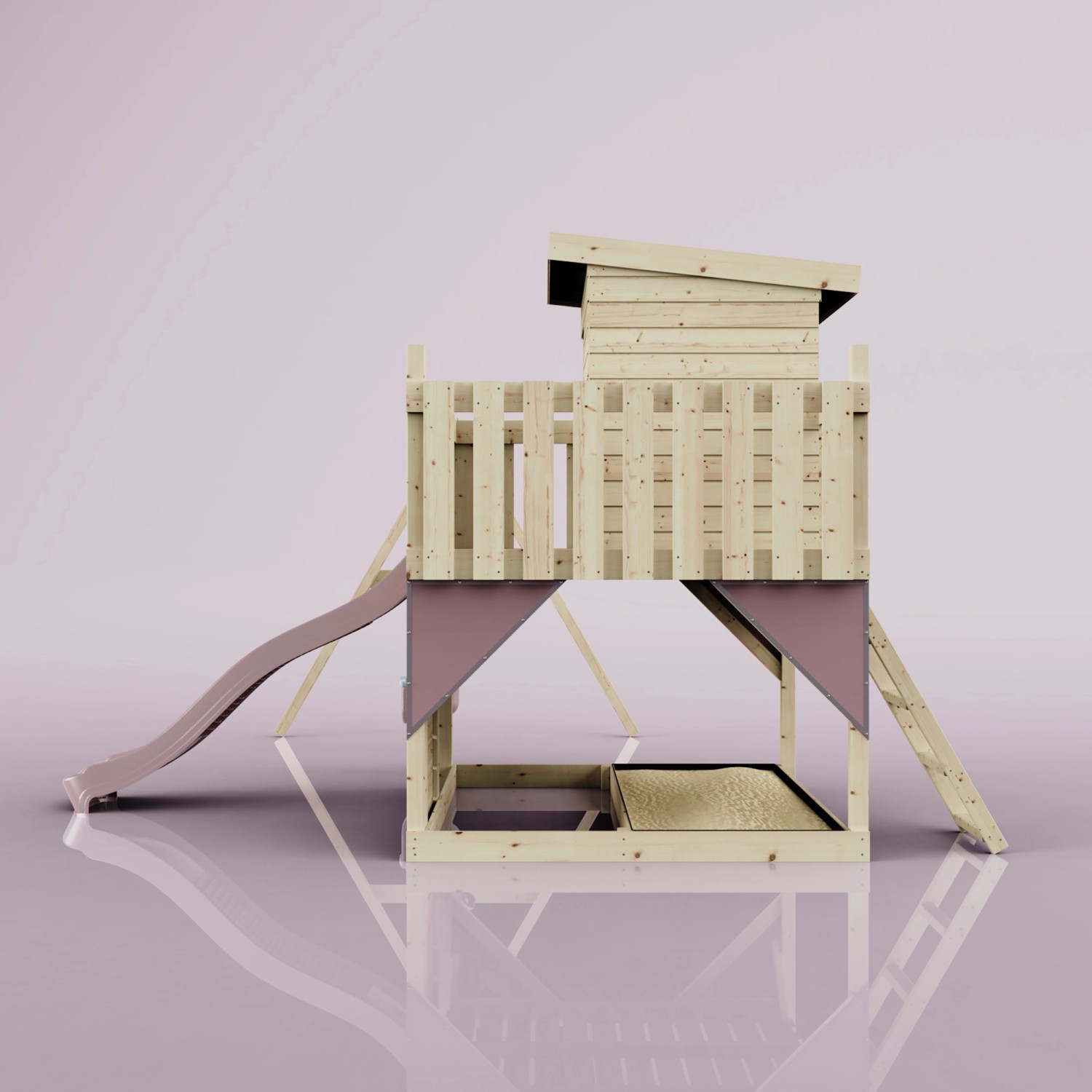 PolarPlay Spielturm Björn mit Rutsche, Schaukel und Leiter in Altrosa.