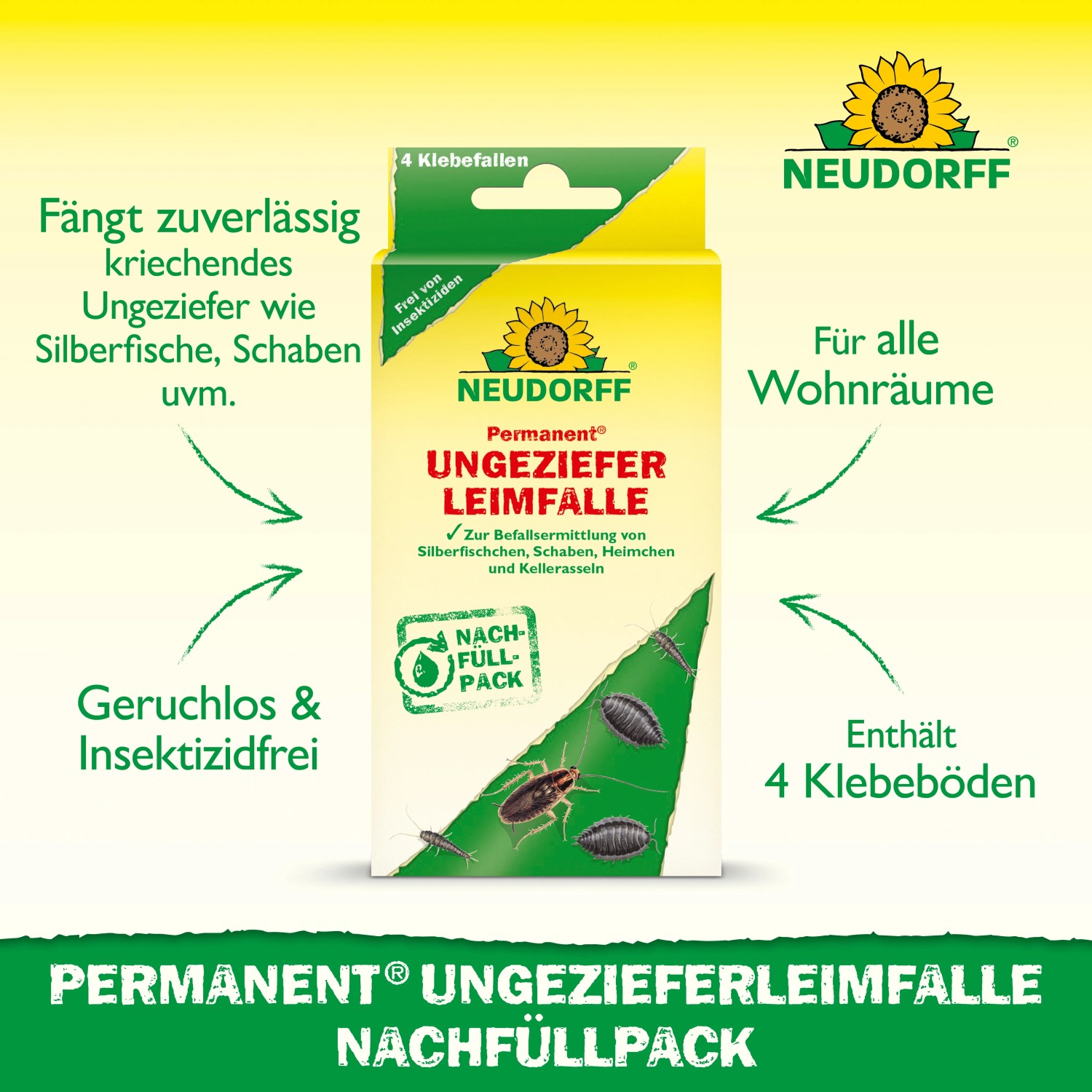 Neudorff Ungezieferleimfalle Nachfüllpack, 4 Stück. Zur Befallsermittlung von Schaben, Silberfischchen u.a.