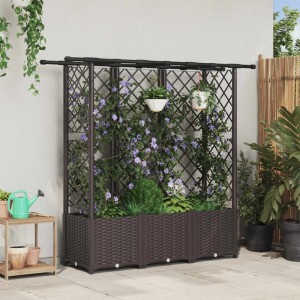 Braunes vidaXL Hochbeet aus PP mit Rankgitter, Dach und Kletterpflanzen für Terrasse oder Balkon.