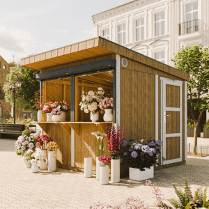 Timbela Premium Verkaufsstand M950, beige-braun, mit Blumen dekoriert.