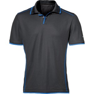 Puma Workwear Polo-Shirt Champ Carbon, Größe S, mit blauem Kragen und Details.