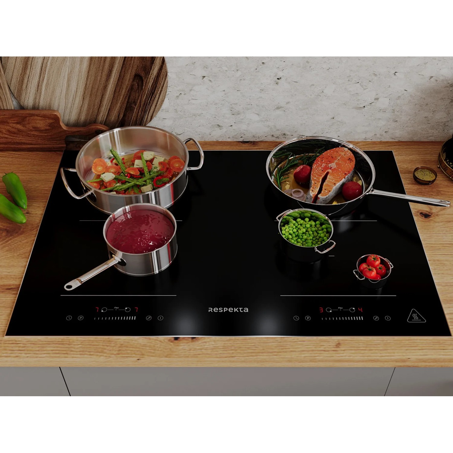 Schwarzes Respekta Induktionskochfeld Fynn 77 cm mit Töpfen und Speisen.