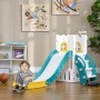 AIYAPLAY 4-in-1 Kinderrutsche weiß/türkis/gelb mit Kletterturm, Teleskop, Basketball. Kleinkind sitzt.