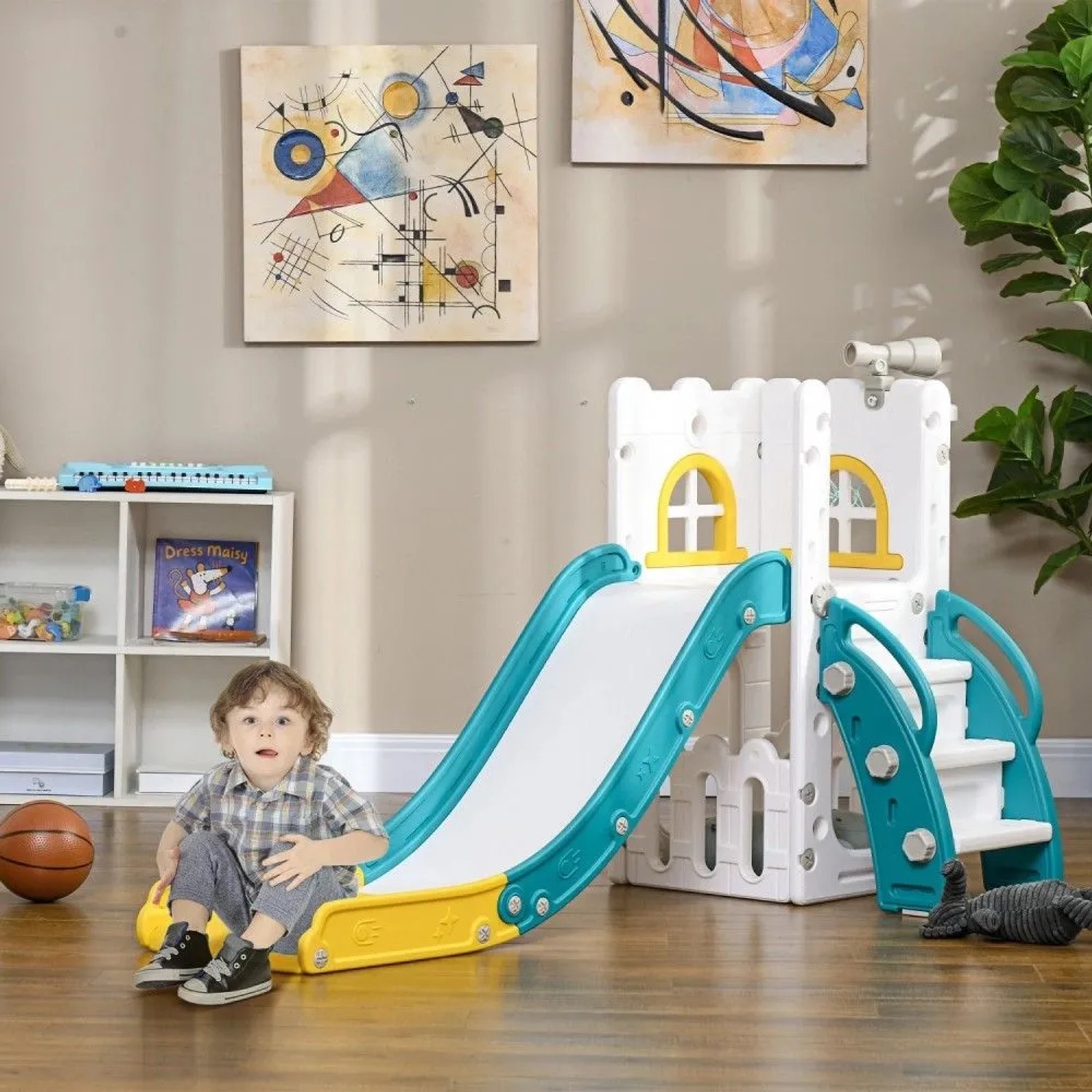 AIYAPLAY 4-in-1 Kinderrutsche weiß/türkis/gelb mit Kletterturm, Teleskop, Basketball. Kleinkind sitzt.