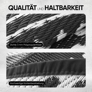 Detailaufnahme: EVOCAMP Outdoor Teppich, rund, 240 cm, schwarz-weiß, wetterfest, aus Kunststofffasern.