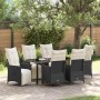 Schwarze vidaXL Garten Essgruppe mit Kissen, 7-teilig, aus Poly Rattan. Gartenmöbel-Set mit Tisch und Stühlen.