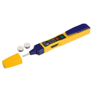 3-in-1 Spannungsprüfer, Durchgangsprüfer und Polaritätsprüfer in Gelb/Blau mit LED-Anzeige.