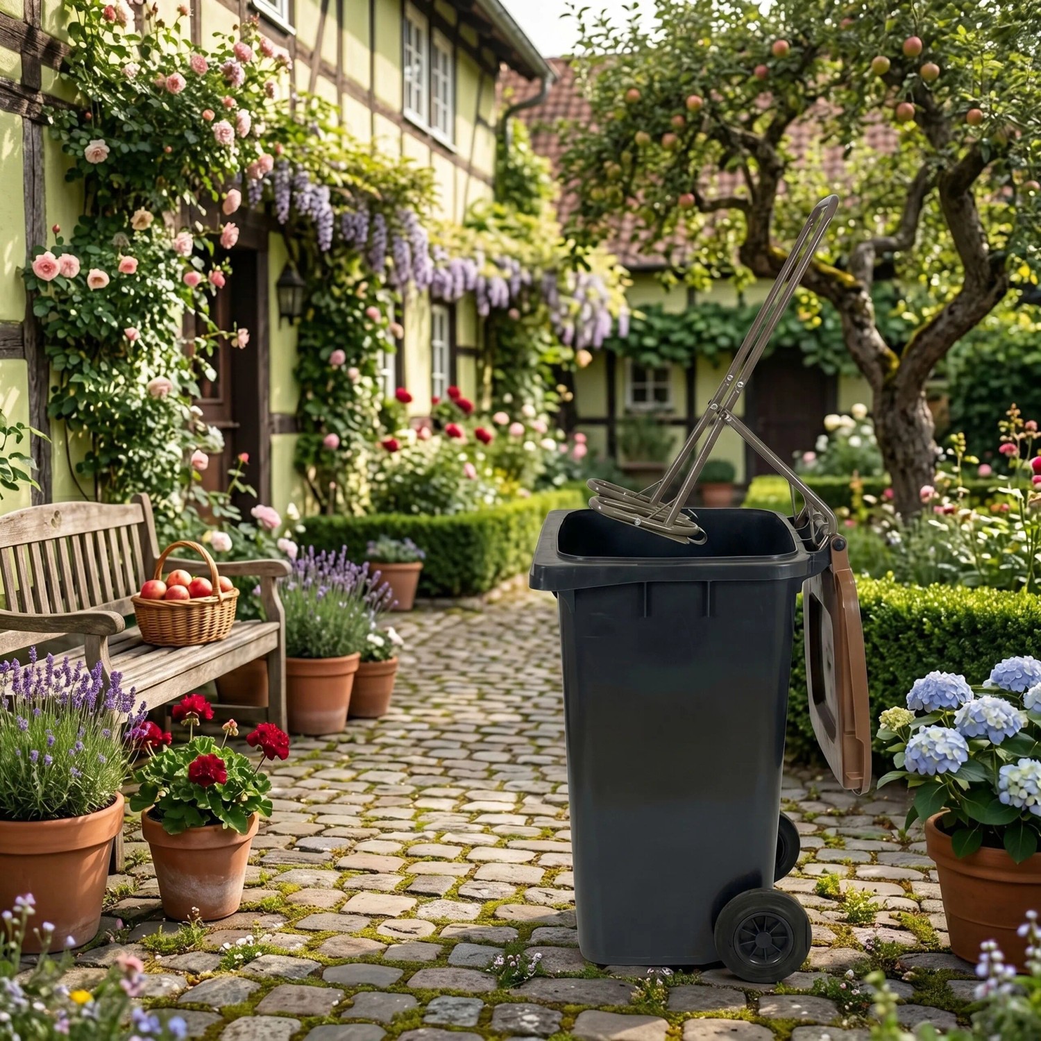 Manuelle Relaxdays Müllpresse aus Stahl auf grauer Mülltonne im Garten. Komprimiert Abfall, spart Platz.