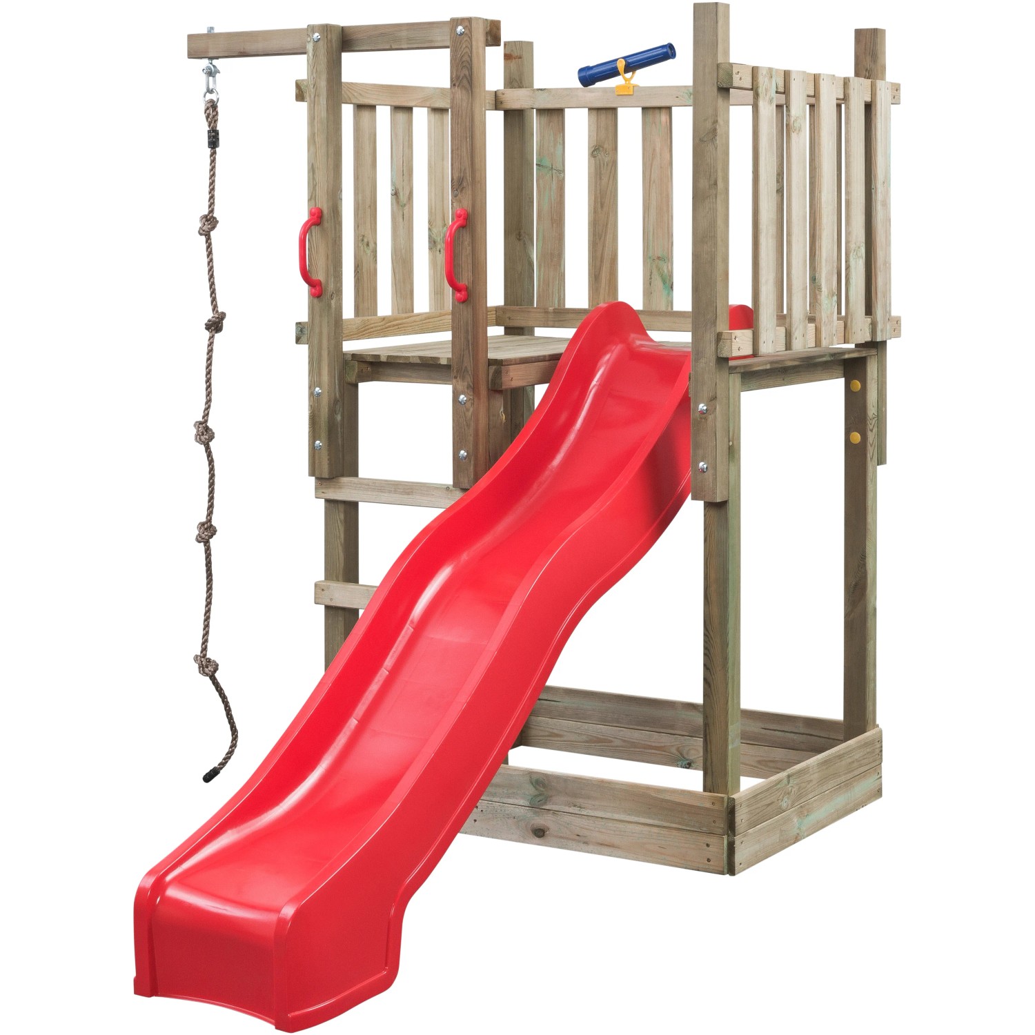 SwingKing Spielturm Mario mit roter Rutsche, Kletterseil und Teleskop aus Holz.