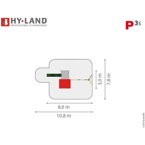 Draufsicht Hy-Land Spielgerät P3S mit Rutsche und Doppelschaukel, Maße: 10,8 x 7,8 m.