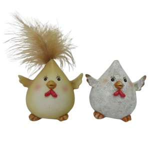 2er Set Boltze Osterfiguren Chupsy, ca. 10cm hoch, Huhn Deko in Natur- und Weißtönen.