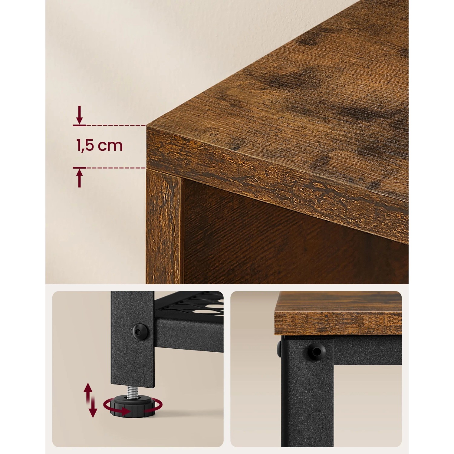 Details der Songmics Wandgarderobe mit Schuhbank in Braun-Schwarz: Materialstärke, verstellbare Füße.