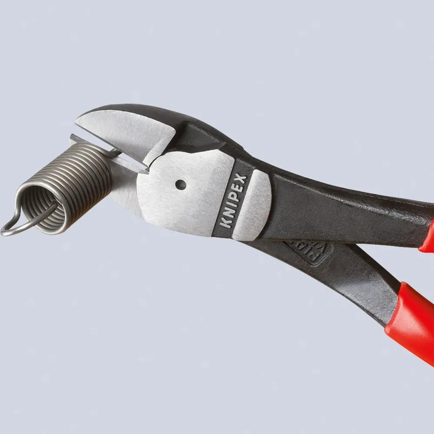 Knipex Kraft-Seitenschneider 200mm schneidet Feder. Verchromte Zange mit Mehrkomponenten-Hüllen.