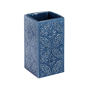 Blauer Wenko Zahnputzbecher Cordoba aus Keramik mit Ornamenten.