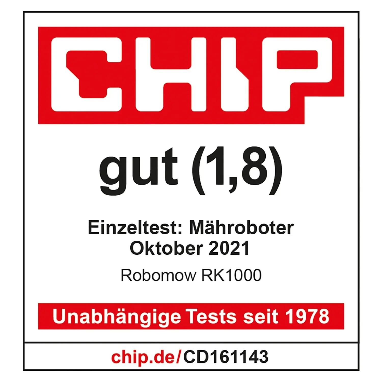 Testurteil "gut" (1,8) für Robomow RK1000 Mähroboter im Einzeltest (Chip.de)