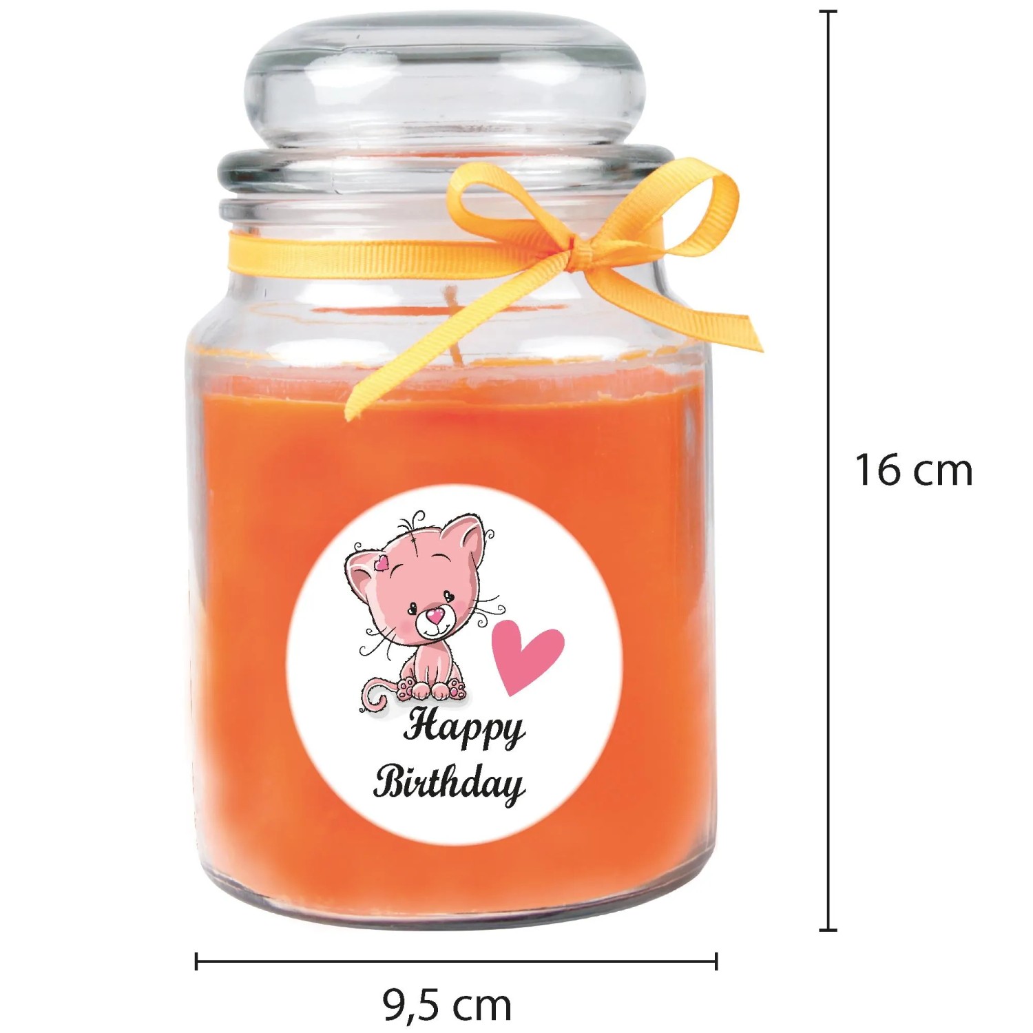 Orangefarbene Duftkerze im Glas mit Katze und "Happy Birthday"-Aufdruck, verziert mit Schleife.
