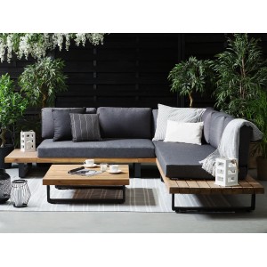 Dunkelgraues Beliani Lounge Set MYKONOS (255x255x76) mit Tisch und Polstern. Gartenmöbel für Terrasse und Garten.