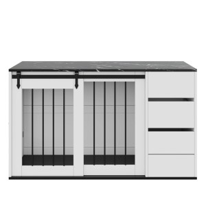 Merax Hundebox 140x60x87 cm Weiß Holz Metall Beistelltisch Marmoroptik