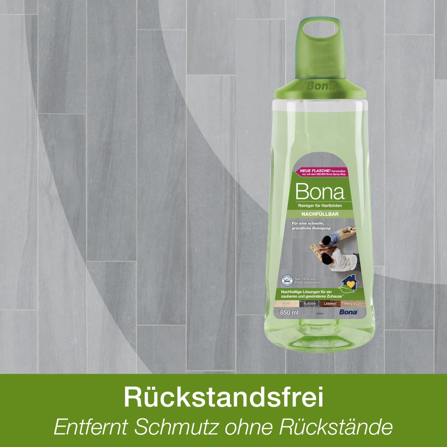 Bona Stein-, Fliesen- und Laminatreiniger Kartusche 850ml für streifenfreie Reinigung.