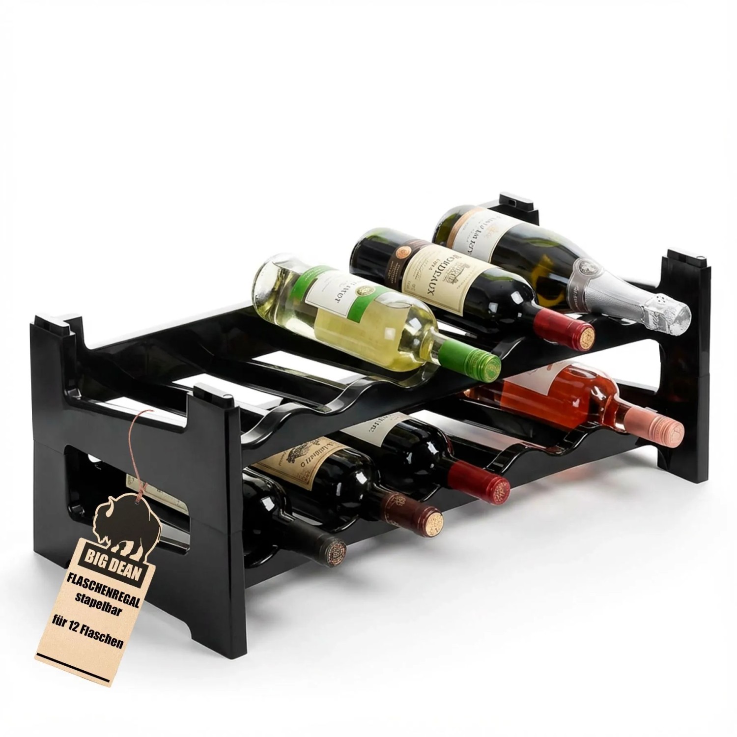 BigDean Flaschenregal Stapelbar Für 12 Flaschen Weinregal Aus Kunststoff Schwarz Getränkeregal Flaschen Regalsystem Für Glas & PET Bis 1,5 Liter BigDean Flaschenregal stapelbar für 12 Flaschen Weinregal aus Kunststoff Schwarz Getränkeregal Flaschen Regalsystem für Glas- & PET bis 1,5 Liter