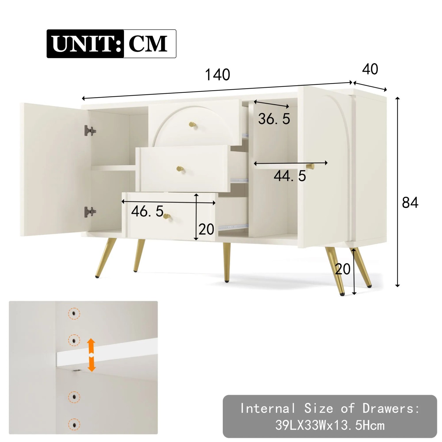 Merax Kommode 140x40x84cm, creme-weiß, mit 3 Schubladen, offenen Türen, verstellbaren Fachböden und goldenen Füßen.