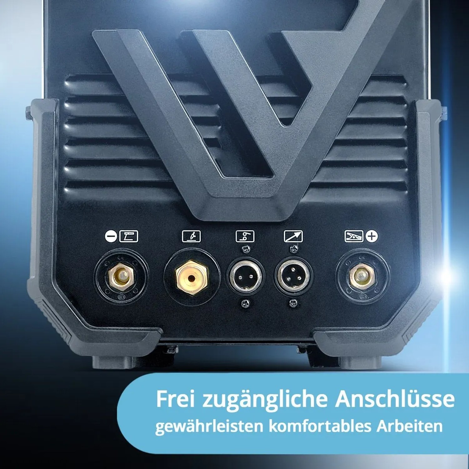 Anschlüsse des STAHLWERK AC/DC WIG 200 Puls ST Schweißgeräts.