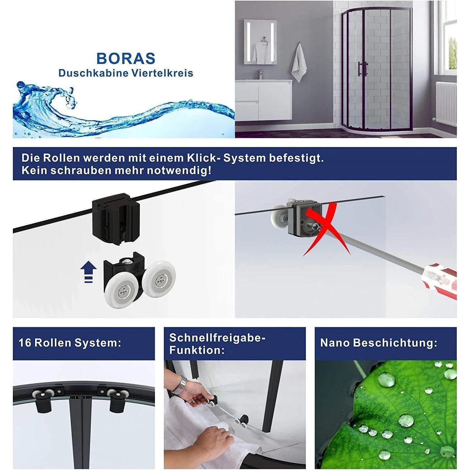 Aquabatos Viertelkreis-Duschkabine schwarzmatt mit Schiebetür, ESG Glas, Klick-System und Nanobeschichtung.