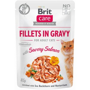 BritCare Katzen-Nassfutter Adult Lachs, 85g Portionsbeutel mit Fischfilets in Soße.
