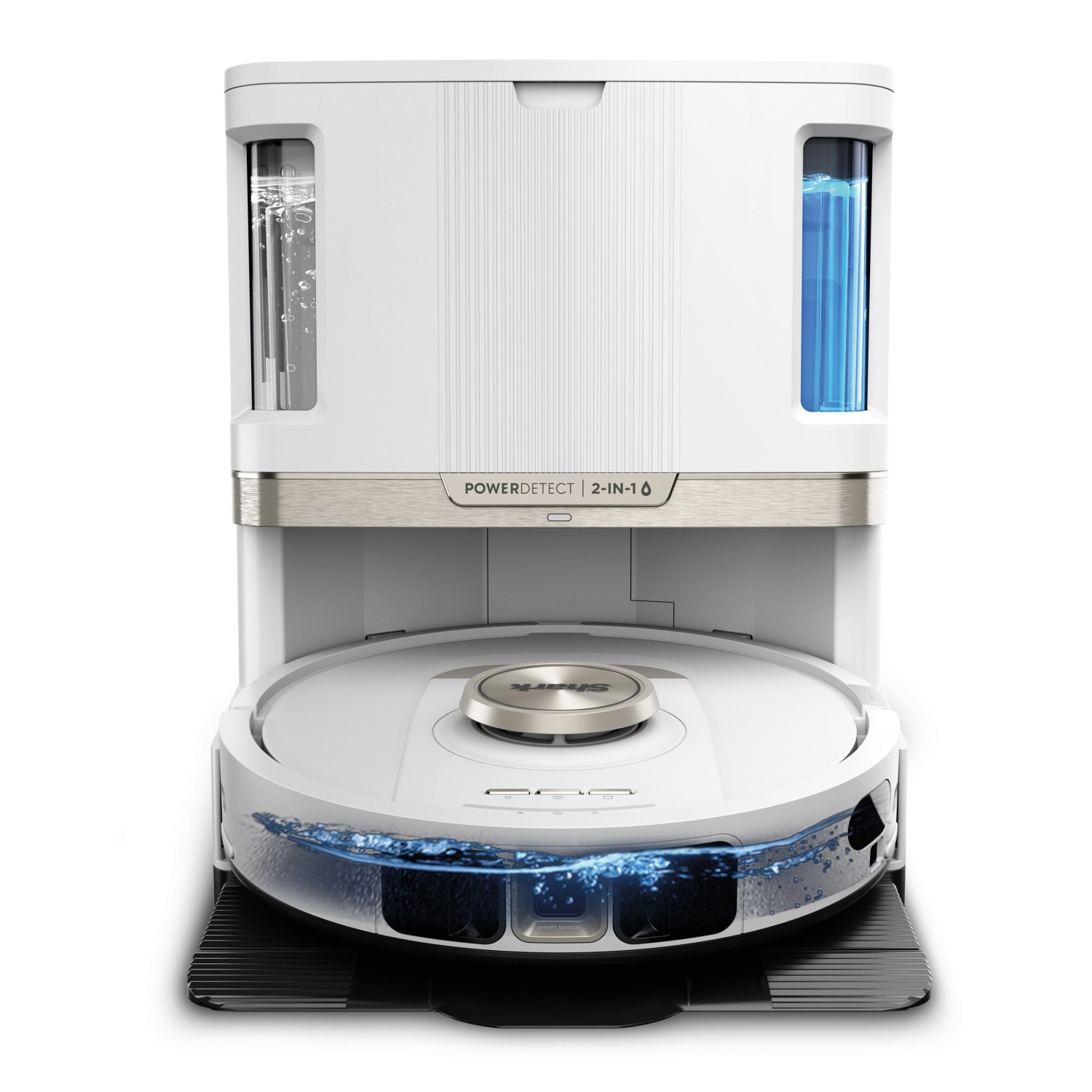 Shark Saug- und Wischroboter RV2800ZEEUWH mit Basisstation und Wassertanks.