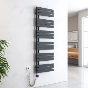 Elektrischer Badheizkörper in Anthrazit (50x159cm, 1000W) mit Thermostat und Timer zur Handtuchtrocknung.