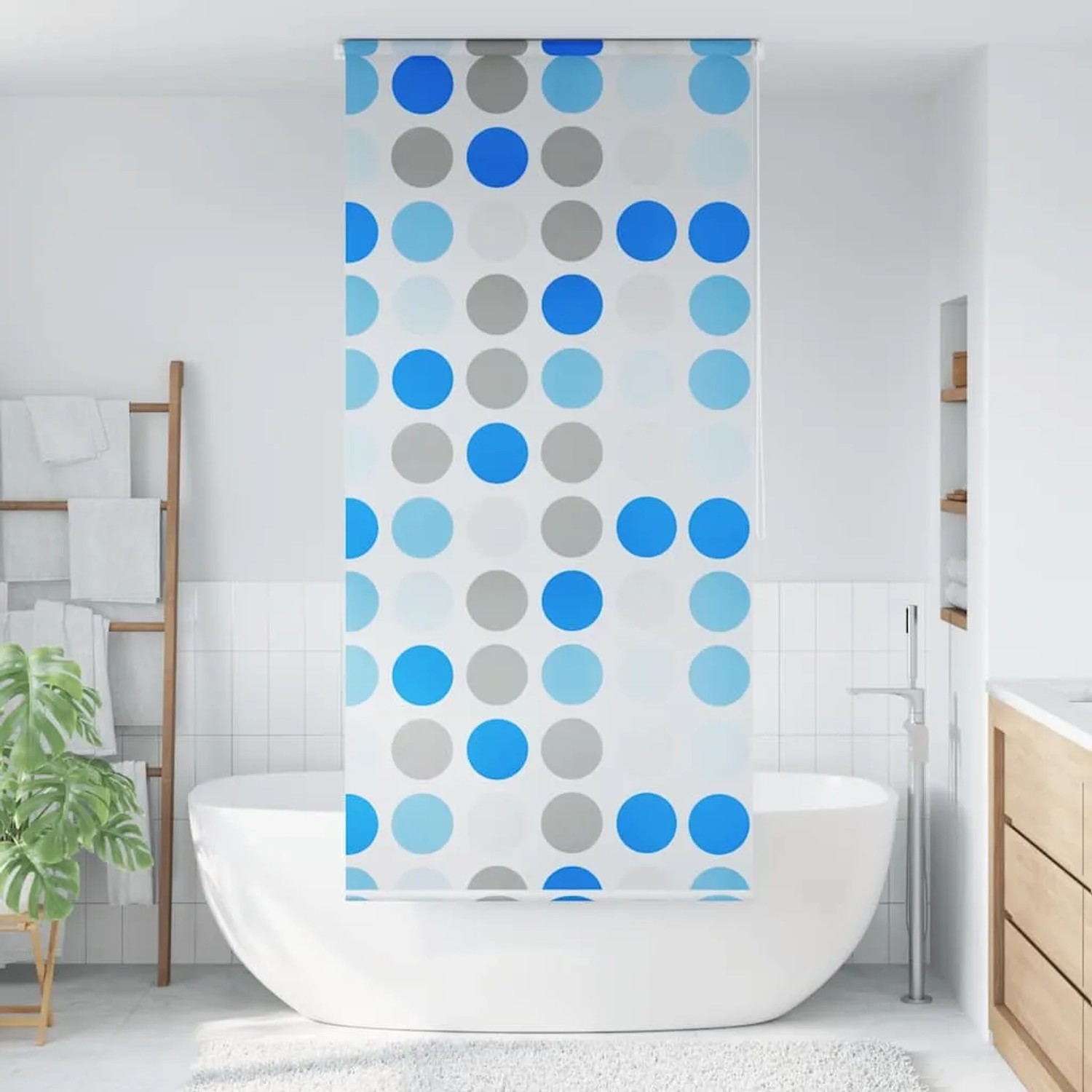 vidaXL Duschrollo mit blau-grauem Kreismuster über Badewanne. Wasserfestes Duschrollo 120x240 cm für modernes Bad.