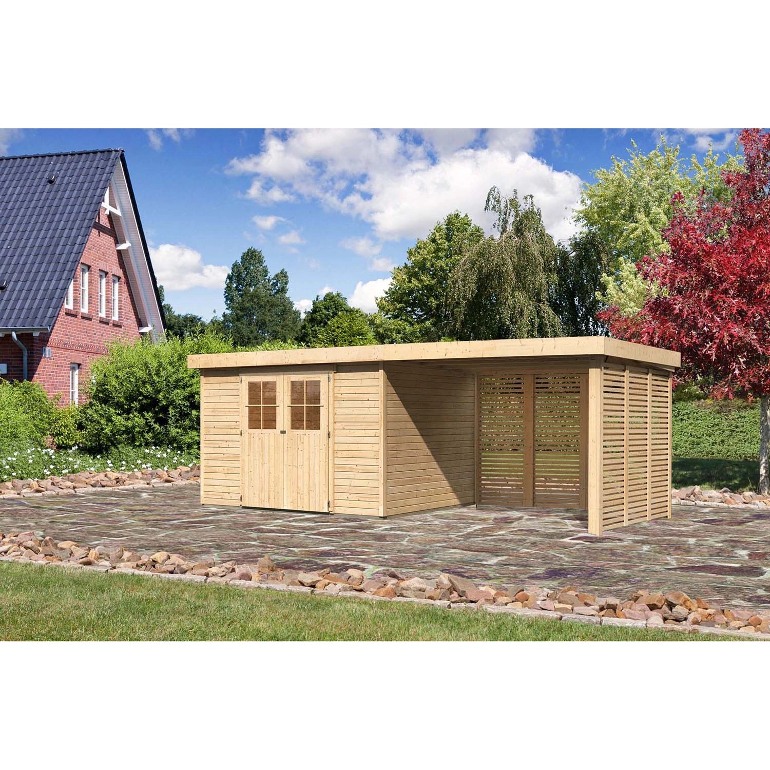 Karibu Holz-Gartenhaus Boras Natur Flachdach Unbehandelt 298 cm x 242 cm günstig online kaufen