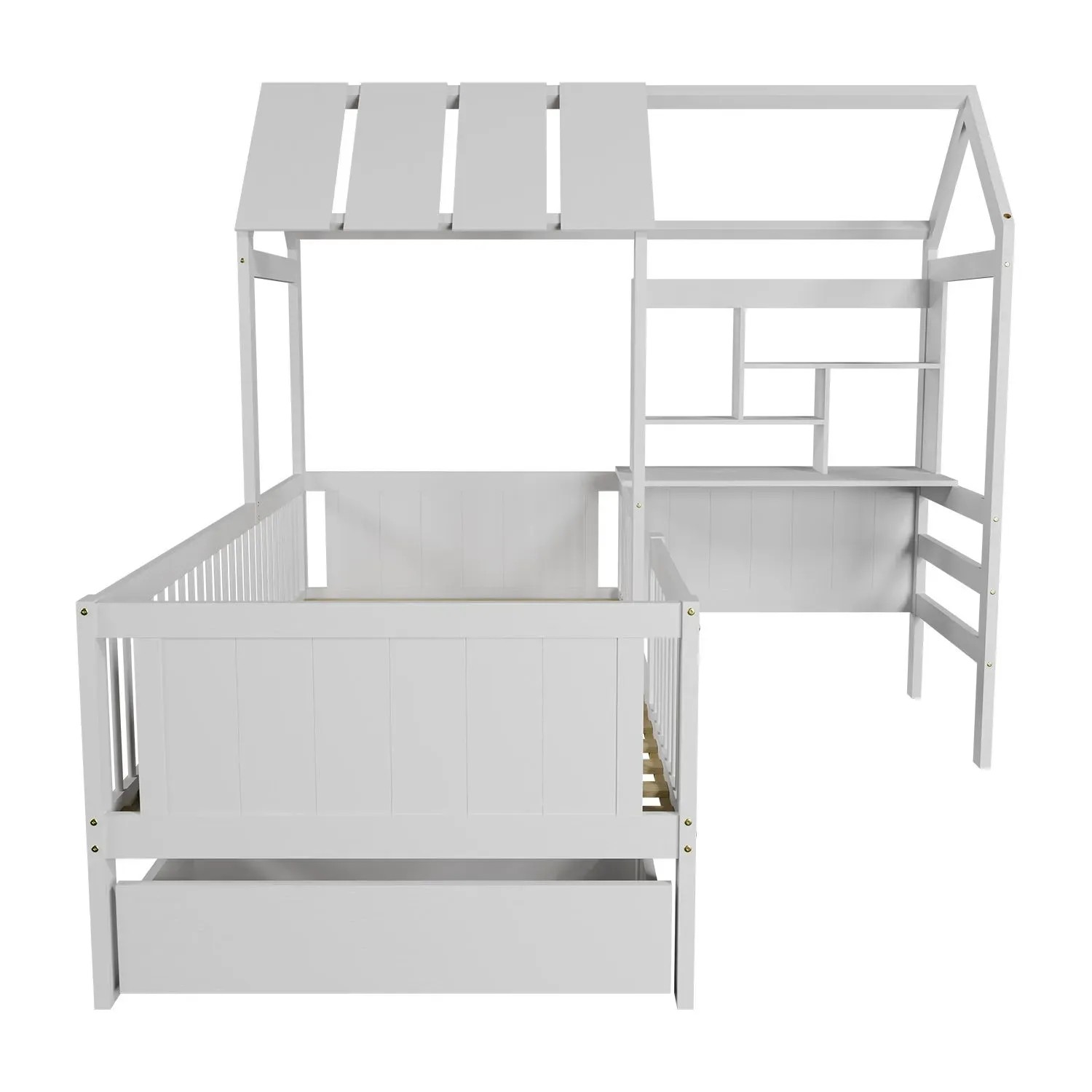Weißes Juskys Kinderbett Yari 90x200 cm mit integriertem Schreibtisch und Schublade.