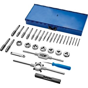 32-teiliges LUX Gewindeschneidsatz Classic mit Gewindebohrern, Schneideisen, Windeisen, Halter, Lehre, Schraubendreher und Koffer.