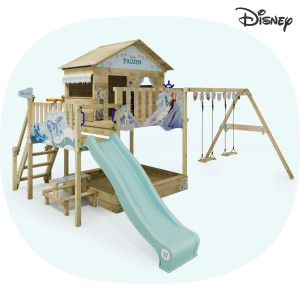 Wickey Disney Quest Spielturm mit Rutsche, Schaukel und Sandkasten in Pastellblau.