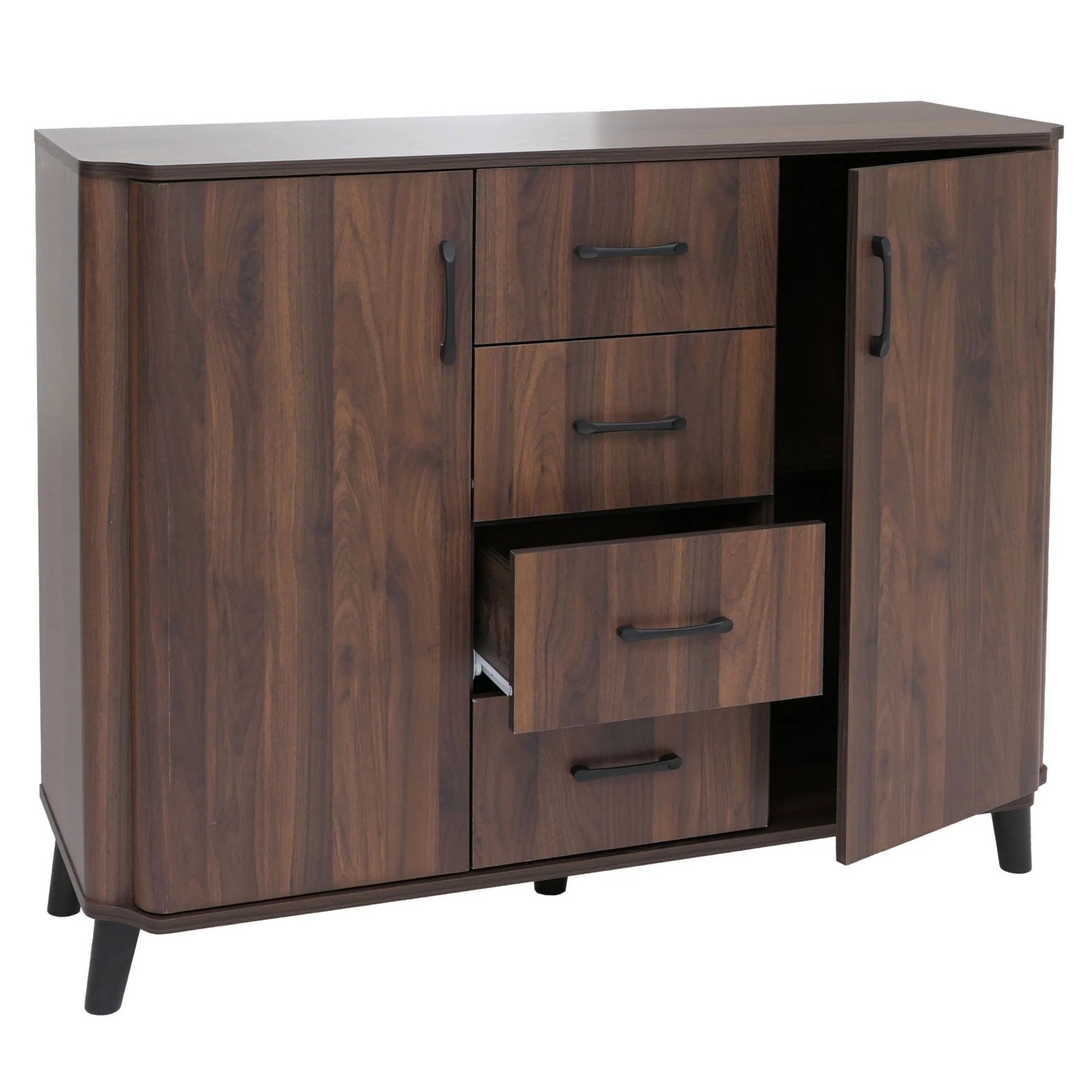 MCW Kommode P42 4 Schubladen Staufächer 2 Türen MDF 92x120x40cm Walnuss-Optik