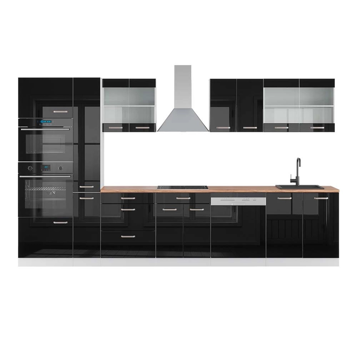 Vicco R-Line Küchenzeile Schwarz Hochglanz/Weiß 350 cm mit HochschrankAP Ei günstig online kaufen