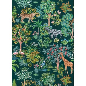 Sanders & Sanders Fototapete Dschungel mit Leopard, Zebra, Giraffe und Flamingos.