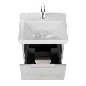 Steinkamp Waschtischunterschrank Living 2.0, hellgrau mit Villeroy&Boch Subway 3.0 Waschtisch, offene Schublade.