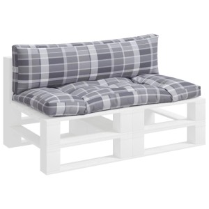 Graues Palettenkissen-Set mit Karomuster für Sitz und Rückenlehne auf weißer Palette. Ideal für Gartenmöbel.