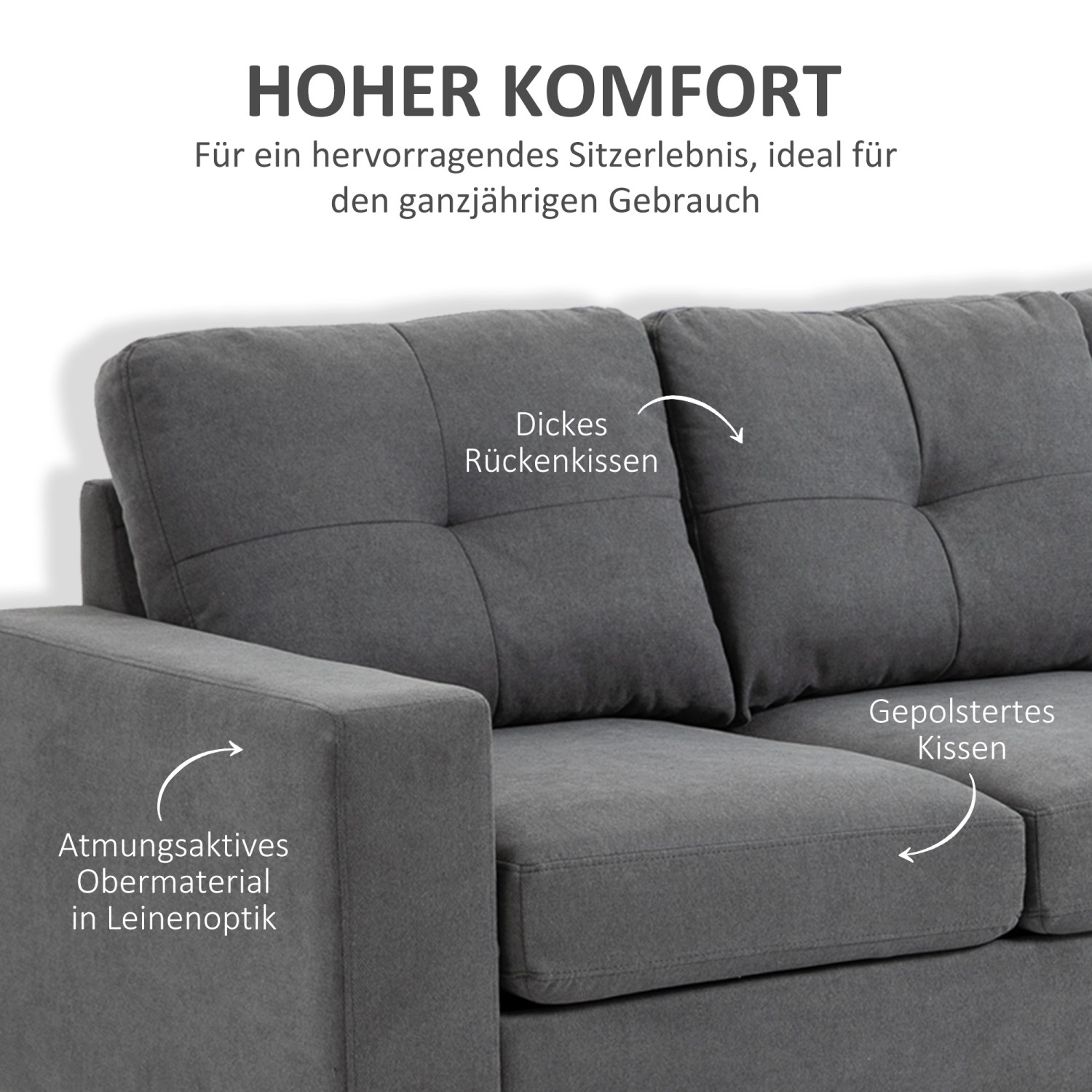 Detailansicht: Graues HOMCOM Ecksofa mit Leinenoptik, bequeme Polsterung.