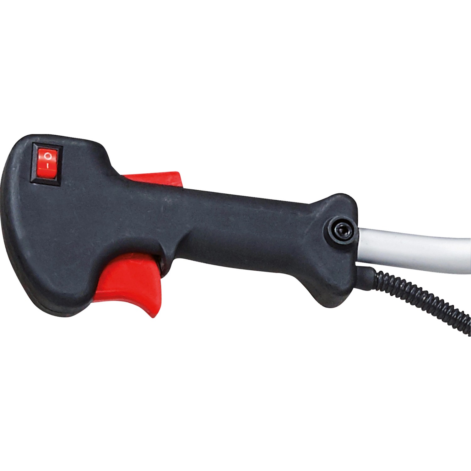 Detailaufnahme des Handgriffs der Einhell GC-BC 52 I AS Benzin-Sense mit rotem Schalter und Gashebel.