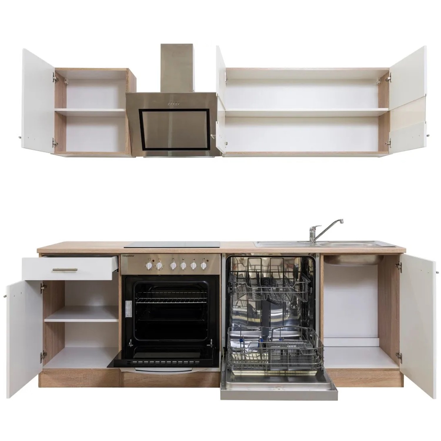 Respekta Economy Küchenzeile KB220ESWSC, 220 cm, Weiß/Eiche Sägerau, mit E-Geräten und Geschirrspüler.