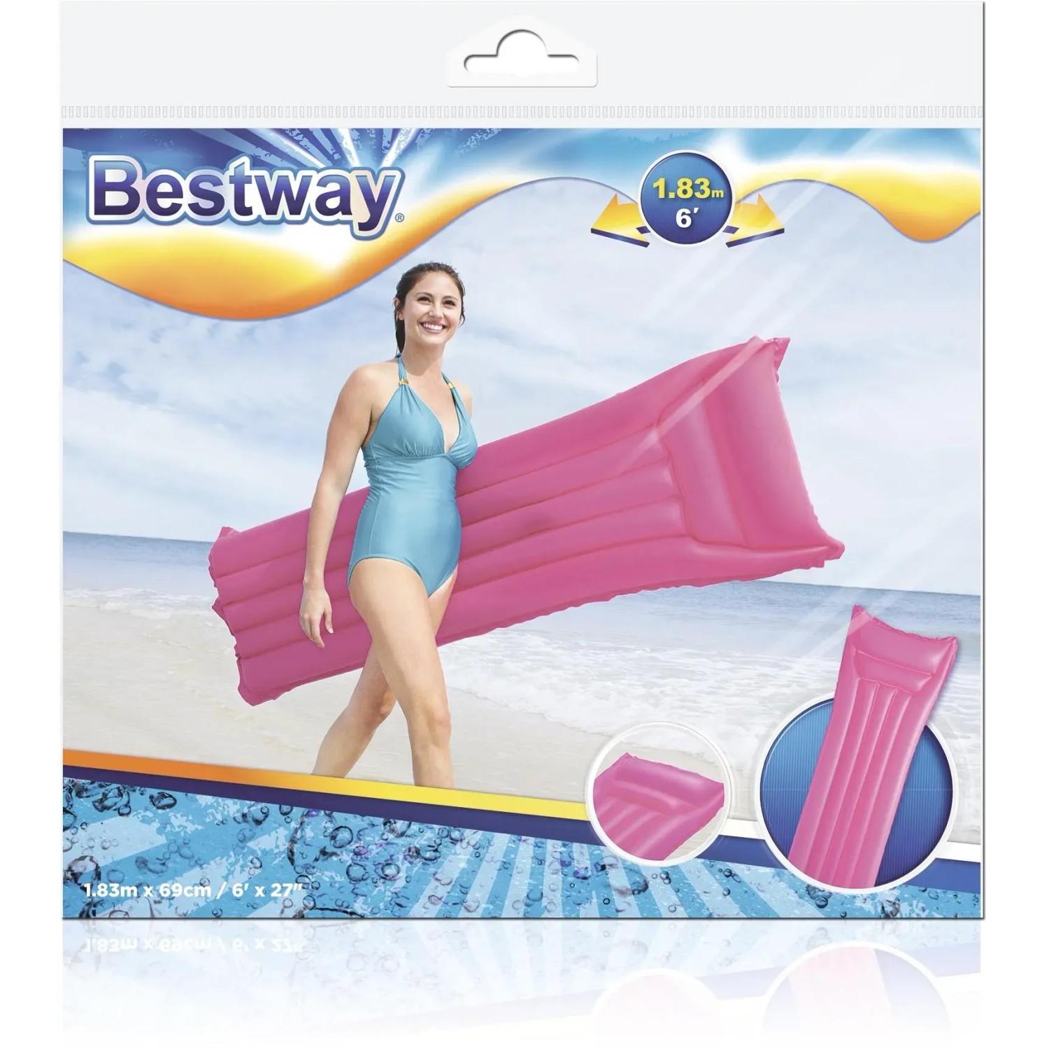 Bestway Luftmatratze Matte Finish, pink, mit Kopfkissen. Frau am Strand mit Luftmatratze.