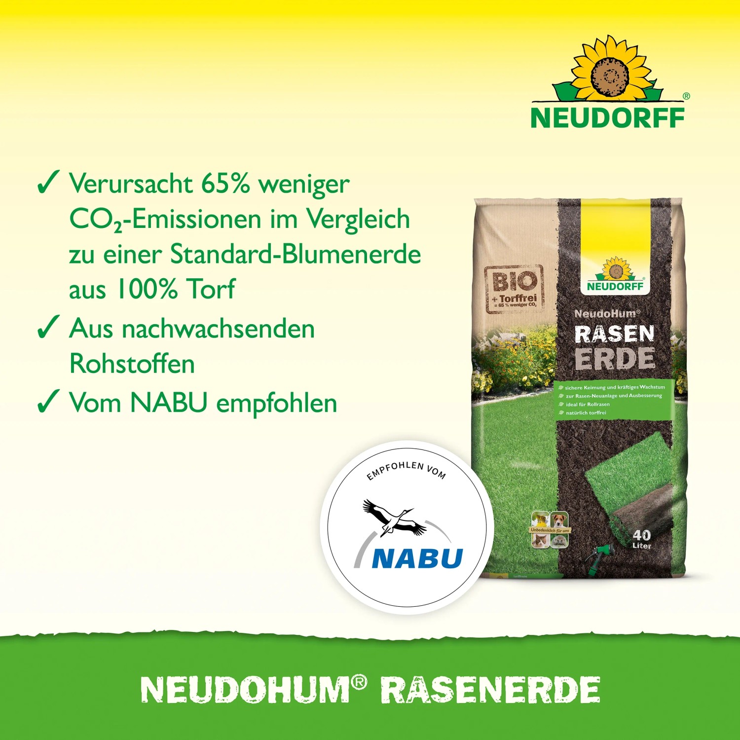 Sack Neudorff NeudoHum Rasenerde 40L, torffreie Erde mit Pflanzenkohle für Rasenflächen.