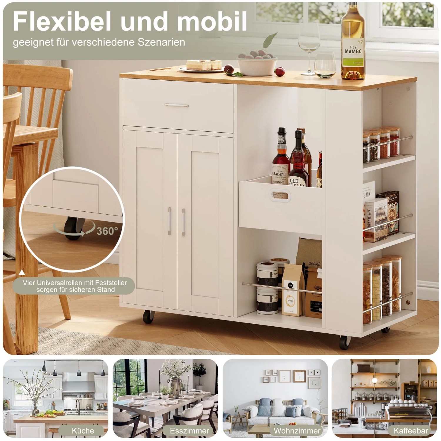 PXloue Küchenschrank auf Rollen-Sideboard mit Schublade Arbeitsplatte & Handtuchhalter Weiß_6